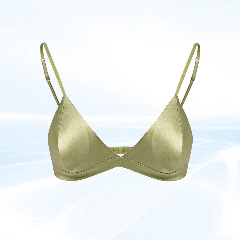 Size XL Green French Style Mulberry Silk Wireless Bralette - Triangle Cup Anti-Sagging Bra for Fuller Busts, Lightweight Comfort