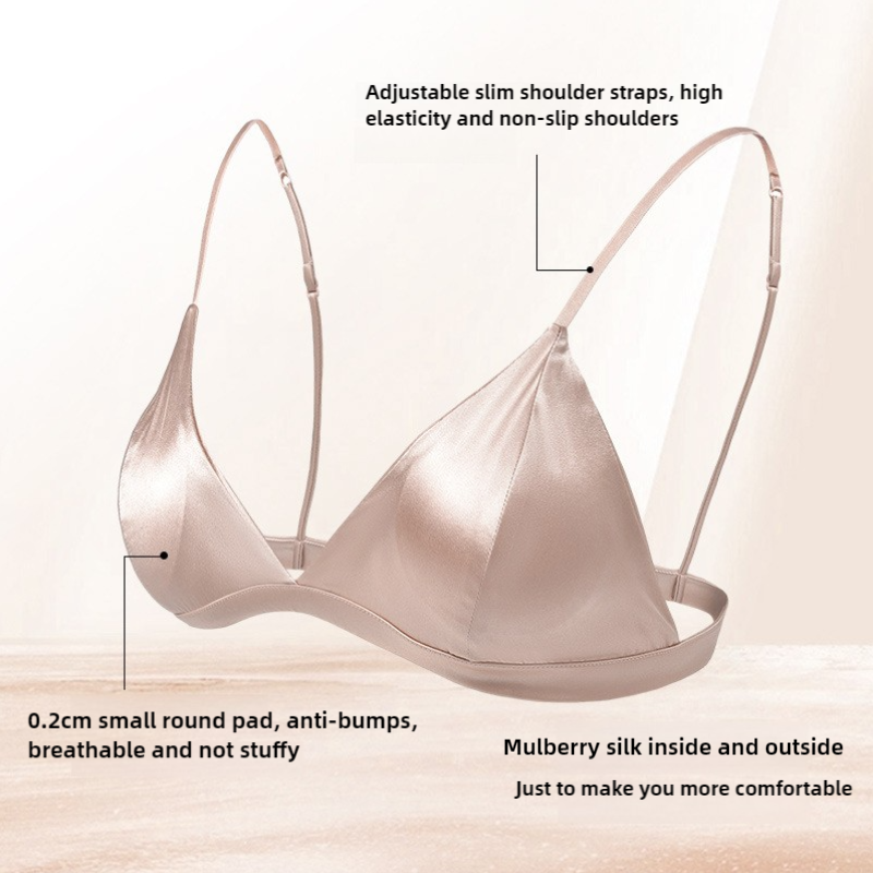 Size L Brown French Style Mulberry Silk Wireless Bralette - Triangle Cup Anti-Sagging Bra for Fuller Busts, Lightweight Comfort 3