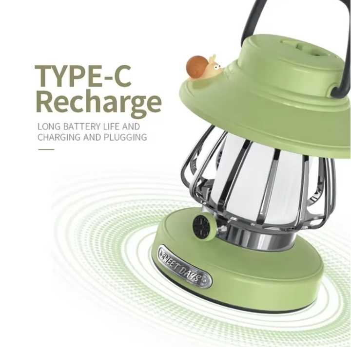 Green Retro Snail Night Light - Portable Rechargeable Camping Lantern with Hook, 3-Color Dimming 4