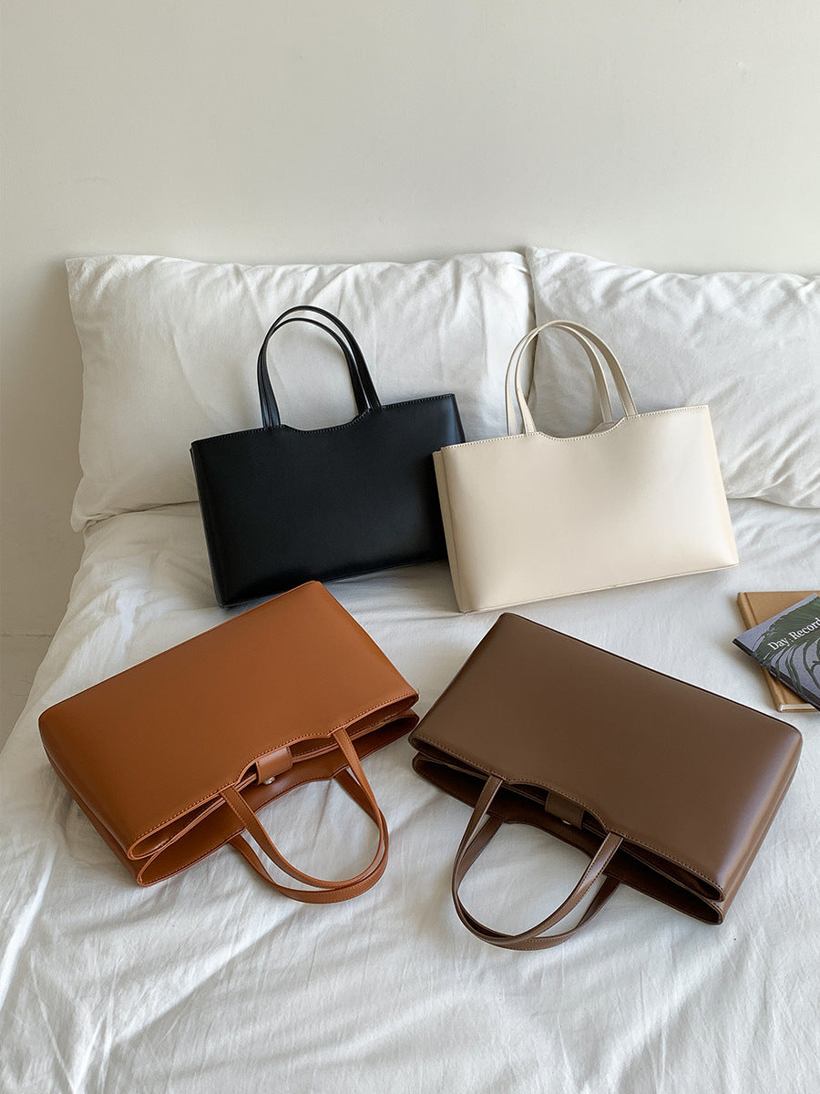 Brown Large Capacity Tote Bag - Minimalist PU Leather Handbag for Daily Commute 3