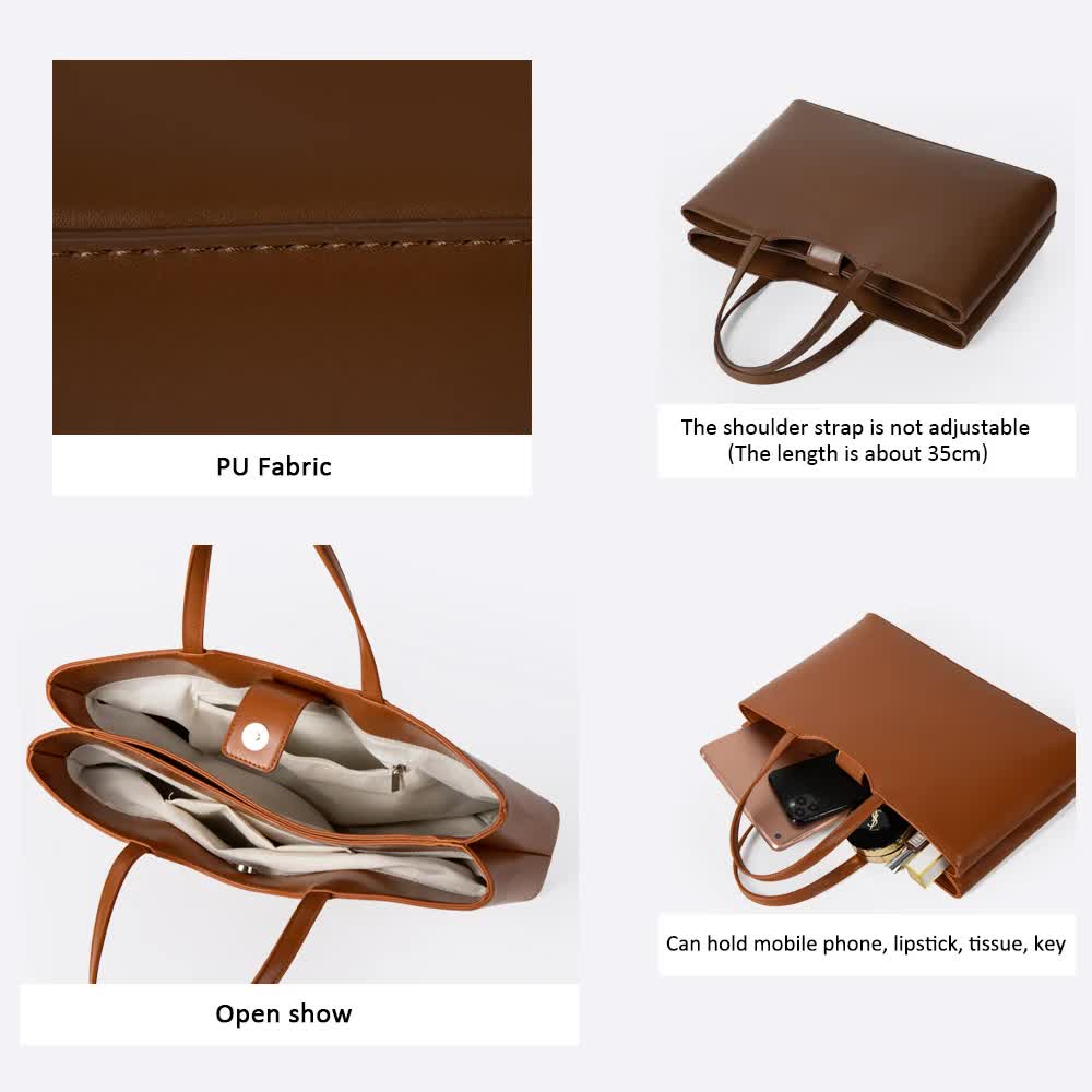 Brown Large Capacity Tote Bag - Minimalist PU Leather Handbag for Daily Commute 5