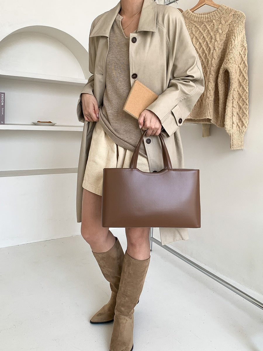 Brown Large Capacity Tote Bag - Minimalist PU Leather Handbag for Daily Commute 6