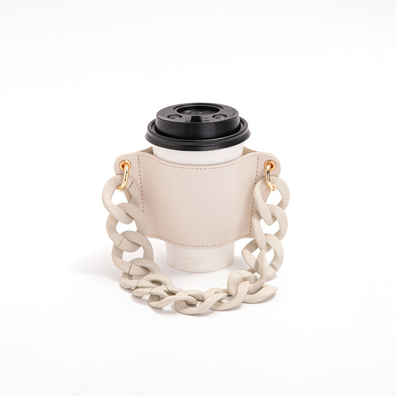 2 Pcs Beige Detachable Chain Coffee Cup Sleeve - PU Leather Insulated Cup Holder with Handle, 16cm Top, 70g(Cup not included, only cup sleeve and chain)