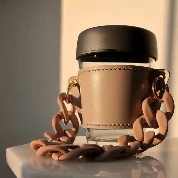 2 Pcs Beige Detachable Chain Coffee Cup Sleeve - PU Leather Insulated Cup Holder with Handle, 16cm Top, 70g(Cup not included, only cup sleeve and chain) 8