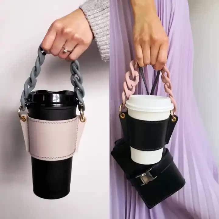 2 Pcs Yellow Detachable Chain Coffee Cup Sleeve - PU Leather Insulated Cup Holder with Handle, 16cm Top, 70g(Cup not included, only cup sleeve and chain) 7