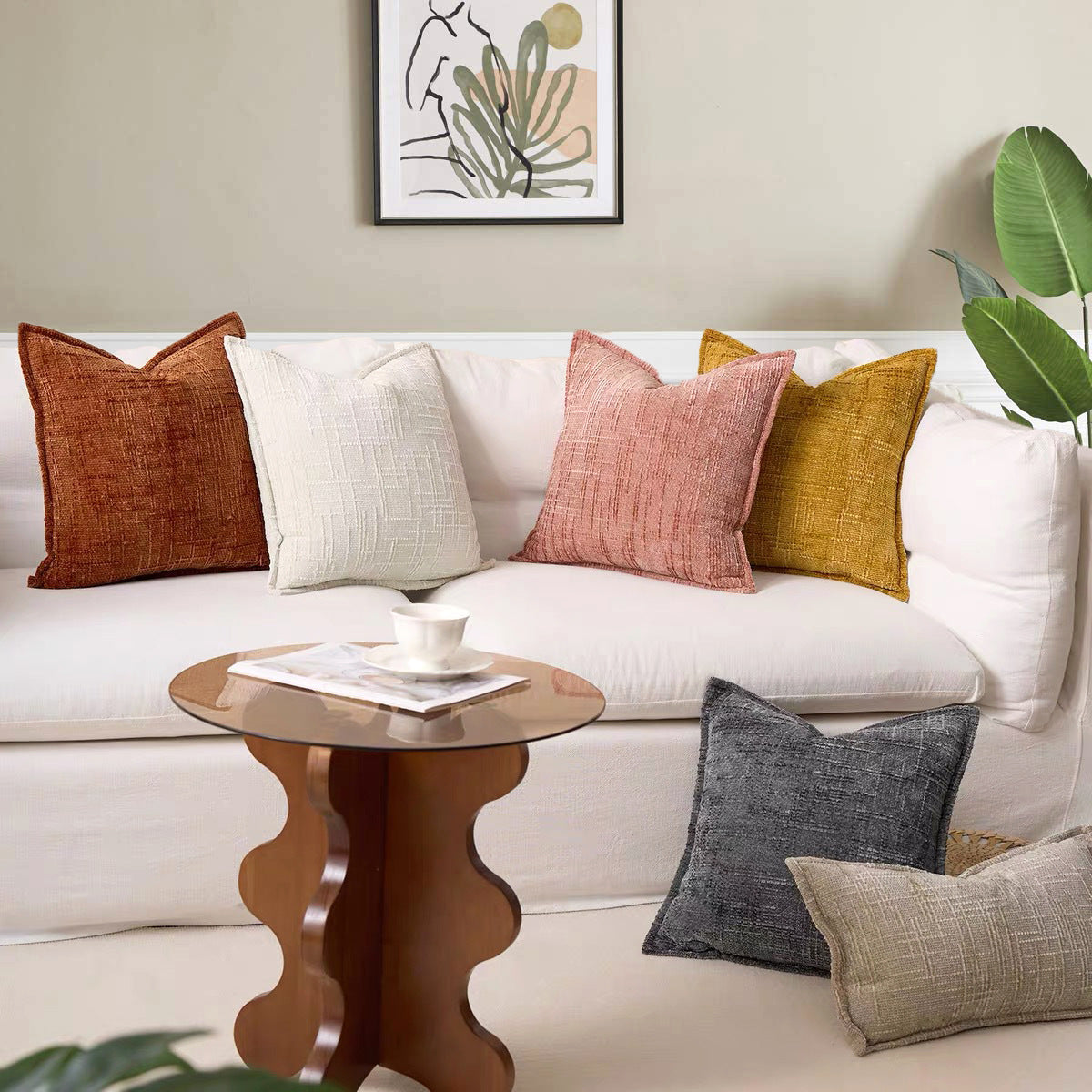 Beige Chenille Crosshatch Textured Pillow Covers Set of 2 - Modern Minimalist Sofa Bed Cushion Covers 45x45cm & 30x50cm(without pillow core)