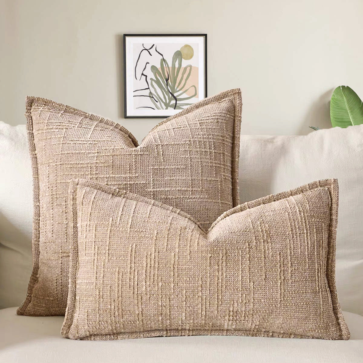 Khaki Chenille Crosshatch Textured Pillow Covers Set of 2 - Modern Minimalist Sofa Bed Cushion Covers 45x45cm & 30x50cm(without pillow core)