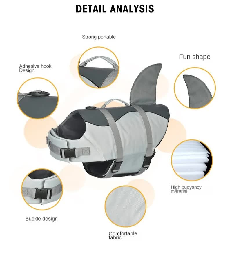 Size M Grey Pet Life Jacket for Dogs - Summer Swimming Safety Vest with Shark Fin for Small to Large Breeds 4