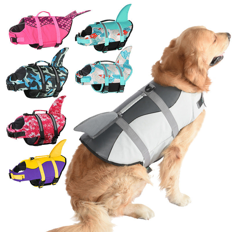 Size S Beige And Blue Sailboat Pattern Pet Life Jacket for Dogs - Summer Swimming Safety Vest with Shark Fin for Small to Large Breeds