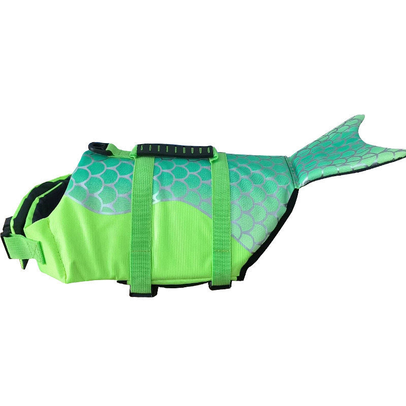 Size L Green Scales Pattern Pet Life Jacket for Dogs - Summer Swimming Safety Vest with Shark Fin for Small to Large Breeds