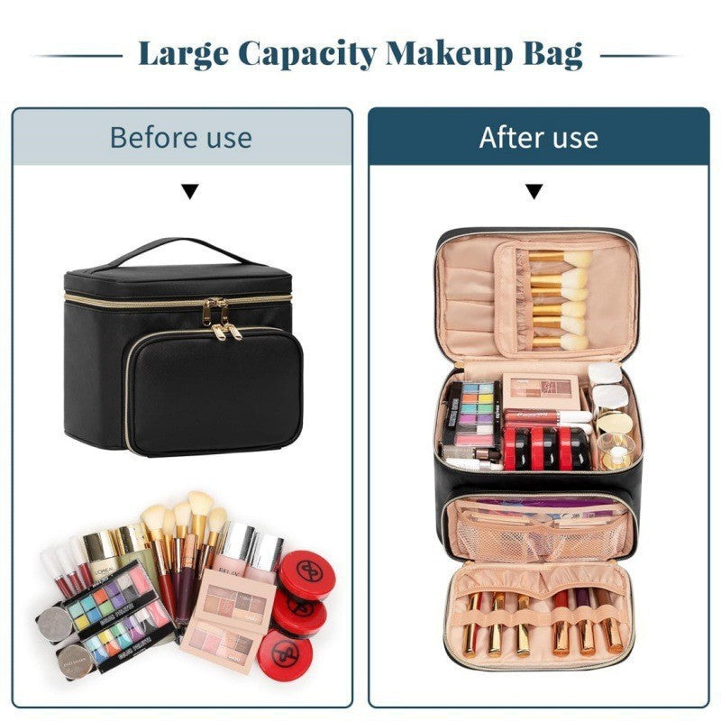 Black Portable Travel Makeup Bag with Brush Compartment - Stylish PU Leather Cosmetic Organizer for Skincare and Toiletry Storage 3