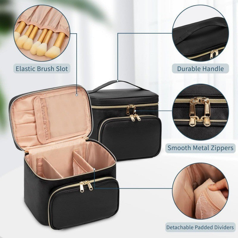 Black Portable Travel Makeup Bag with Brush Compartment - Stylish PU Leather Cosmetic Organizer for Skincare and Toiletry Storage 4
