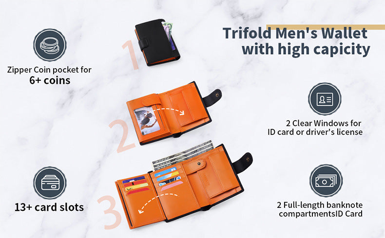 Black Men's Short Leather Wallet with RFID Protection - Genuine Cowhide Cardholder with Coin Pocket 5