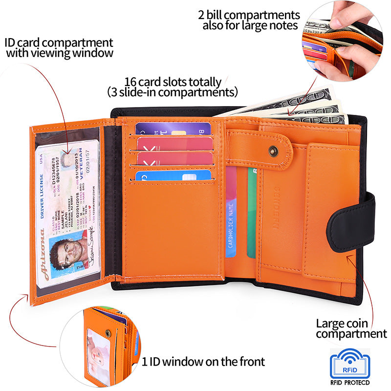 Black And Orange Men's Short Leather Wallet with RFID Protection - Genuine Cowhide Cardholder with Coin Pocket 3