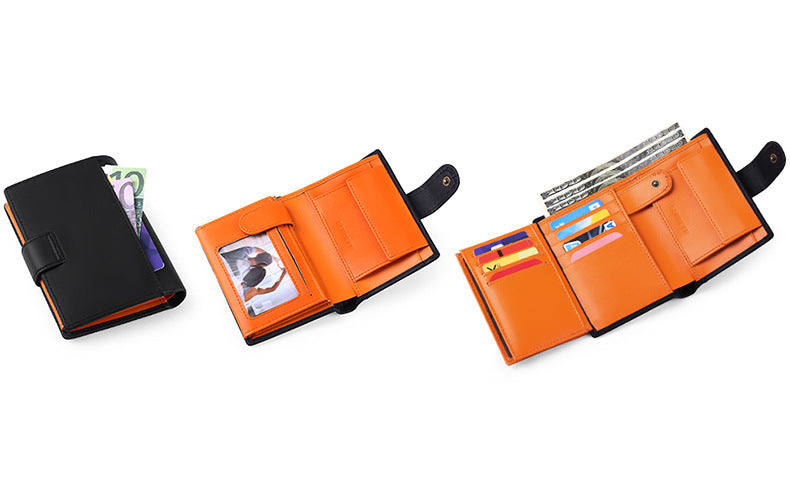 Black And Orange Men's Short Leather Wallet with RFID Protection - Genuine Cowhide Cardholder with Coin Pocket 7