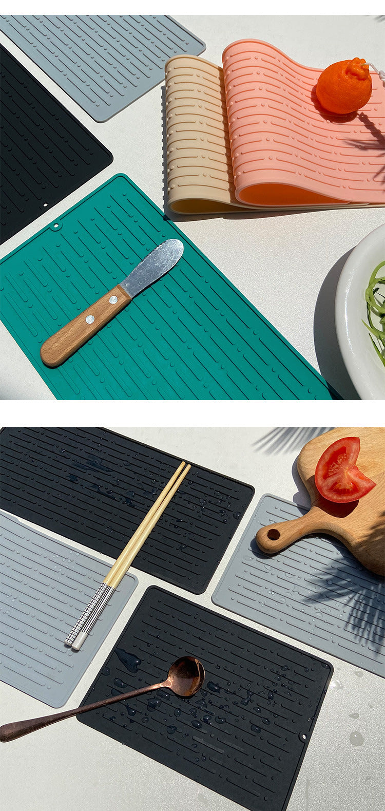 40.5*14.5CM Grey Silicone Draining Mat 4-Pack - Heat-Resistant Non-Slip Kitchen and Bathroom Pad for Cups and Utensils 3
