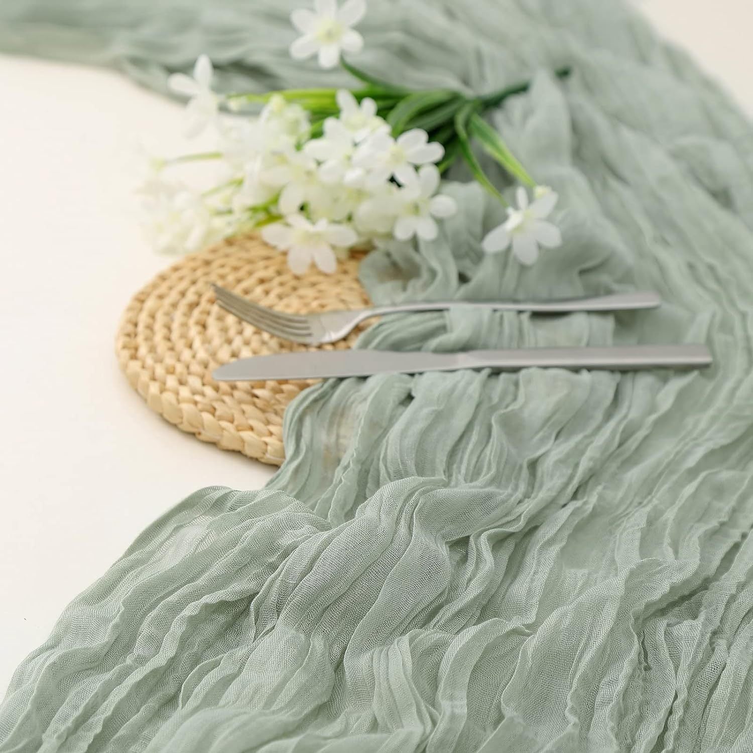 Light Green Bohemian Gauze Table Runner 2-Pack - Polyester Fabric for Party and Birthday Table Decor
