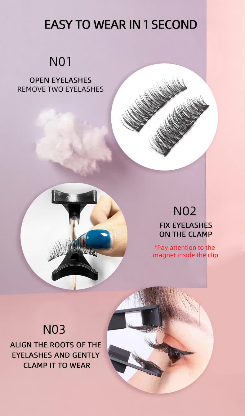 Style 4 Black Magnetic False Eyelashes Kit - 3 Pairs with Applicator Clip and Mirror Case 4