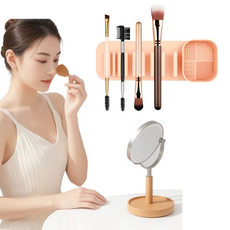 3 Pcs Khaki Silicone Makeup Brush Organizer and Cleaning Rack - Wall-Mounted Holder with Brush Cleaning Texture 4
