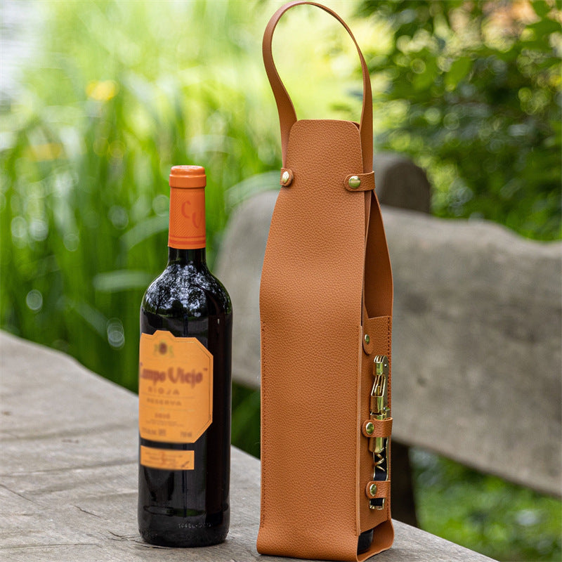 Black Leather-Look Single Wine Bottle Carrier Bag with Handle and Side Pocket for Opener(Red wine and bottle opener are props for shooting and are not included) 4