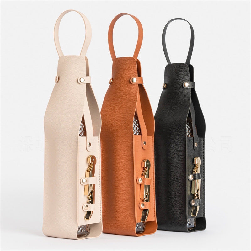 Brown Leather-Look Single Wine Bottle Carrier Bag with Handle and Side Pocket for Opener(Red wine and bottle opener are props for shooting and are not included) 3