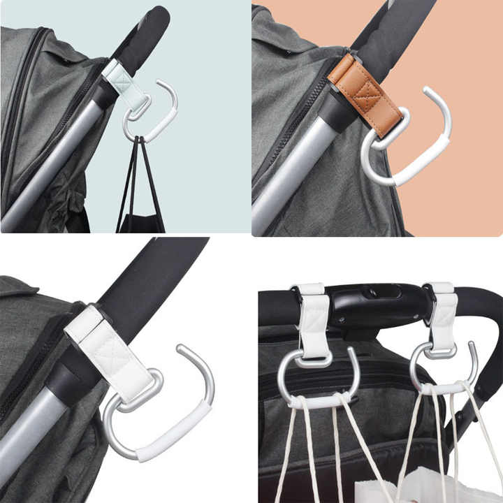 Blue Stroller Hooks 4-Pack - Leather and Alloy Pram Hooks with Velcro for Mom Bags and Accessories 3
