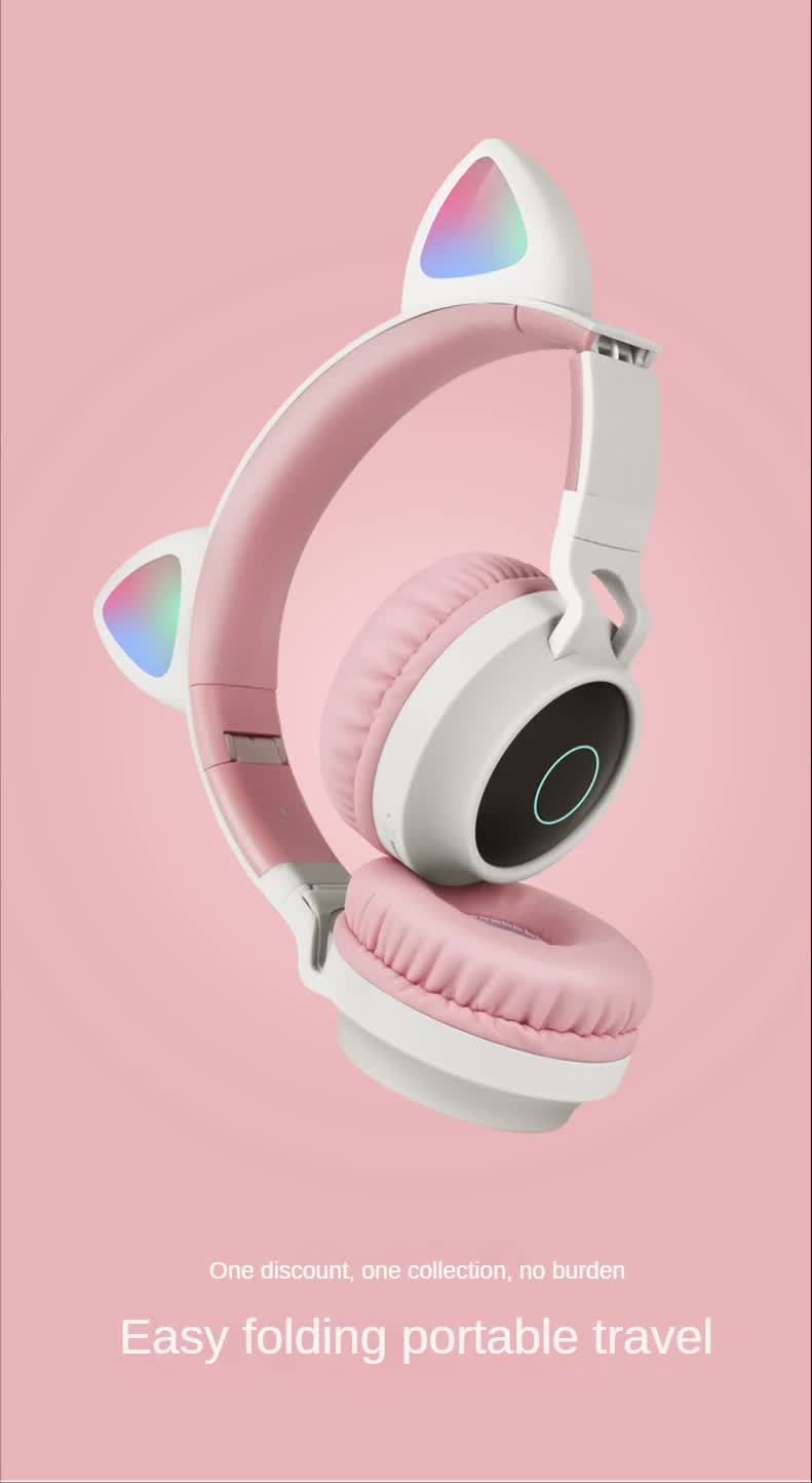 Pink Cat Ear Bluetooth Headphones with LED Lights - Wireless, Foldable 3