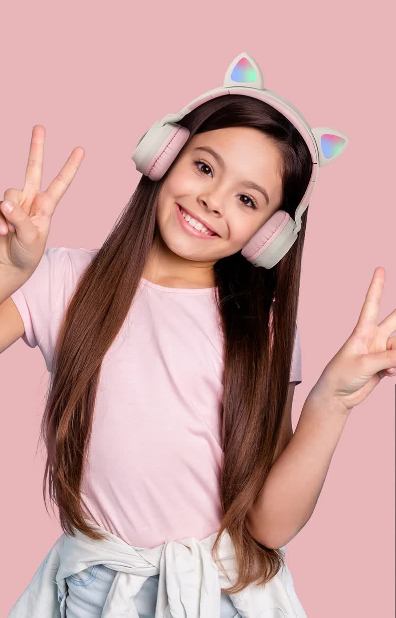 Pink Cat Ear Bluetooth Headphones with LED Lights - Wireless, Foldable 4