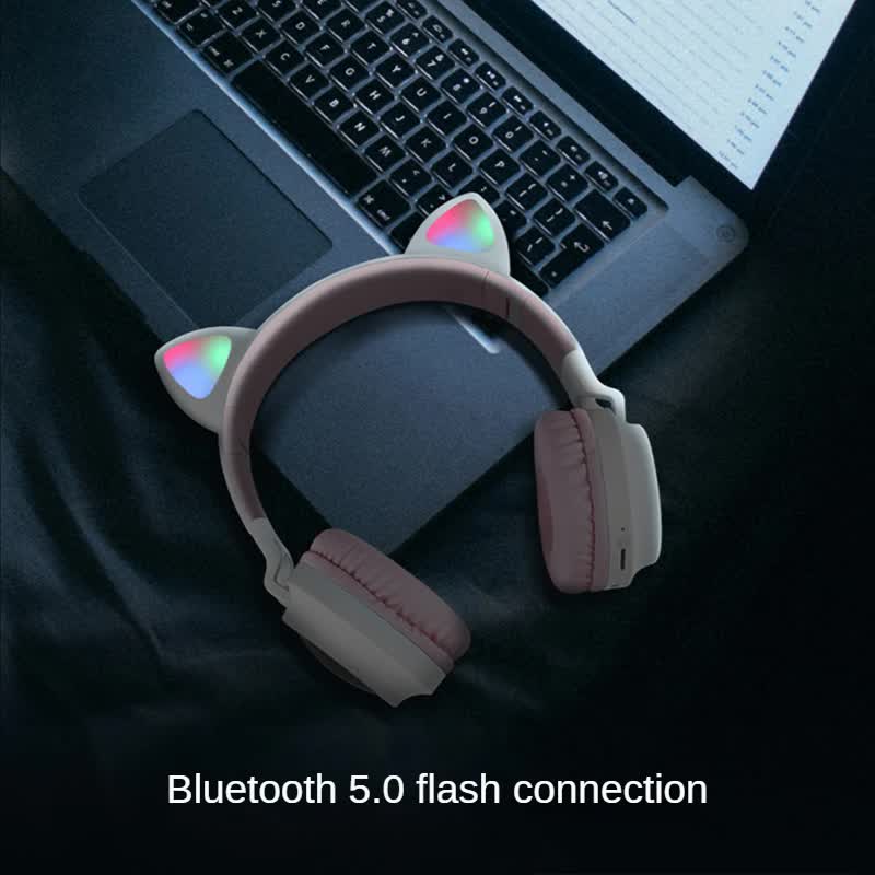 Pink Cat Ear Bluetooth Headphones with LED Lights - Wireless, Foldable 5
