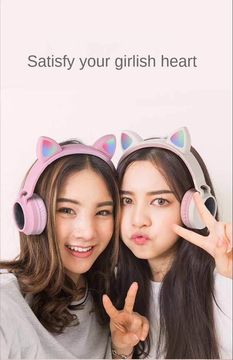 Pink Cat Ear Bluetooth Headphones with LED Lights - Wireless, Foldable 6