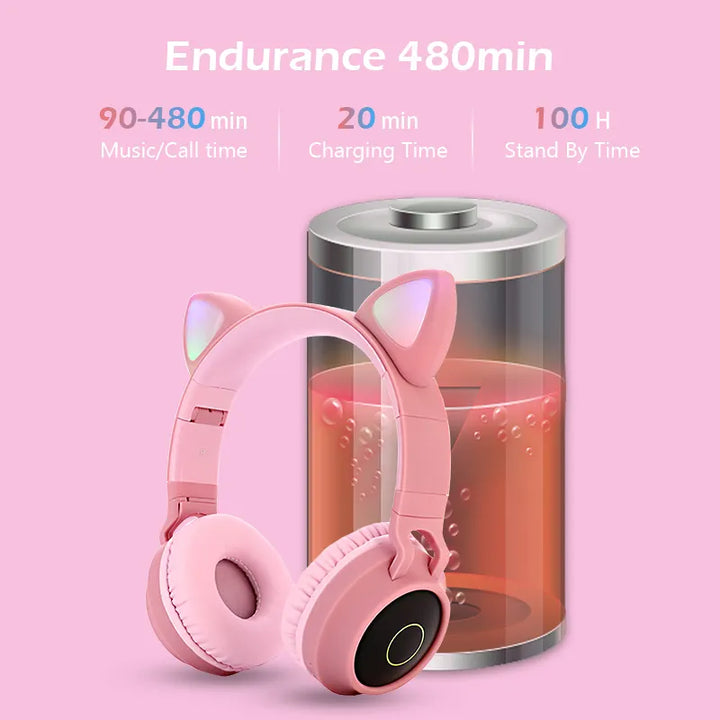 Pink Cat Ear Bluetooth Headphones with LED Lights - Wireless, Foldable 7