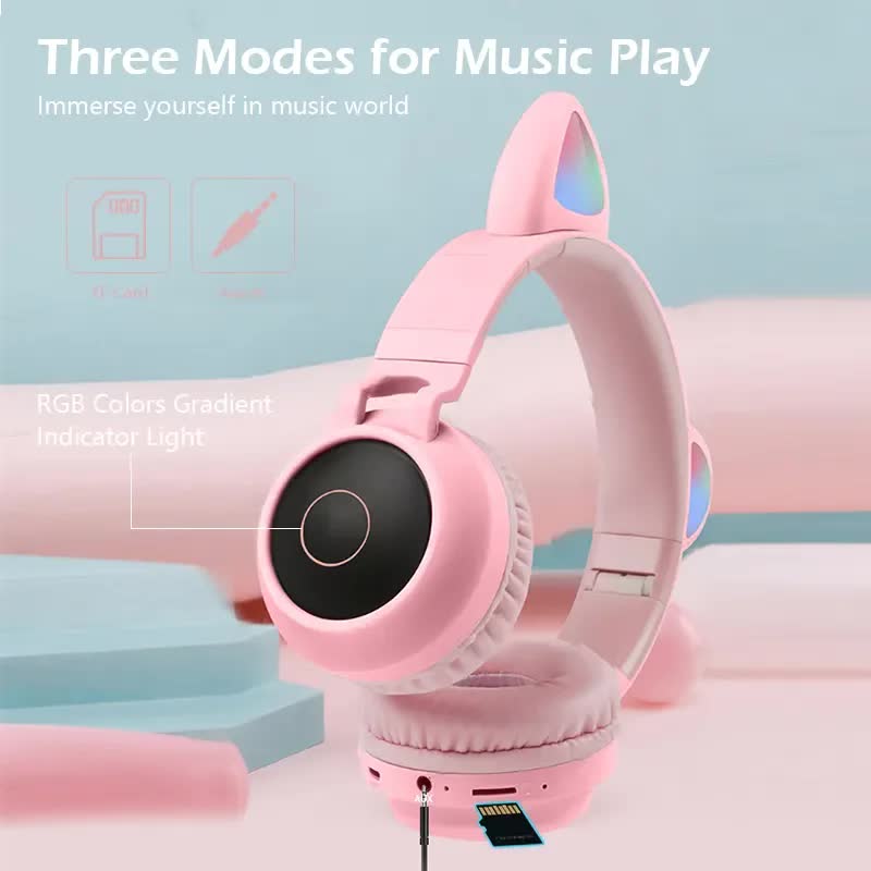 Pink Cat Ear Bluetooth Headphones with LED Lights - Wireless, Foldable 8