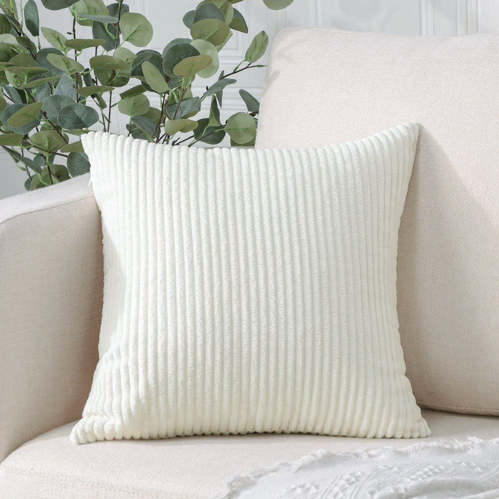 White Plush Striped Pillow Covers 45x45cm - Set of 4 Corduroy-Style Cushion Covers with Invisible Zipper, Soft and Washable for Sofa Decor