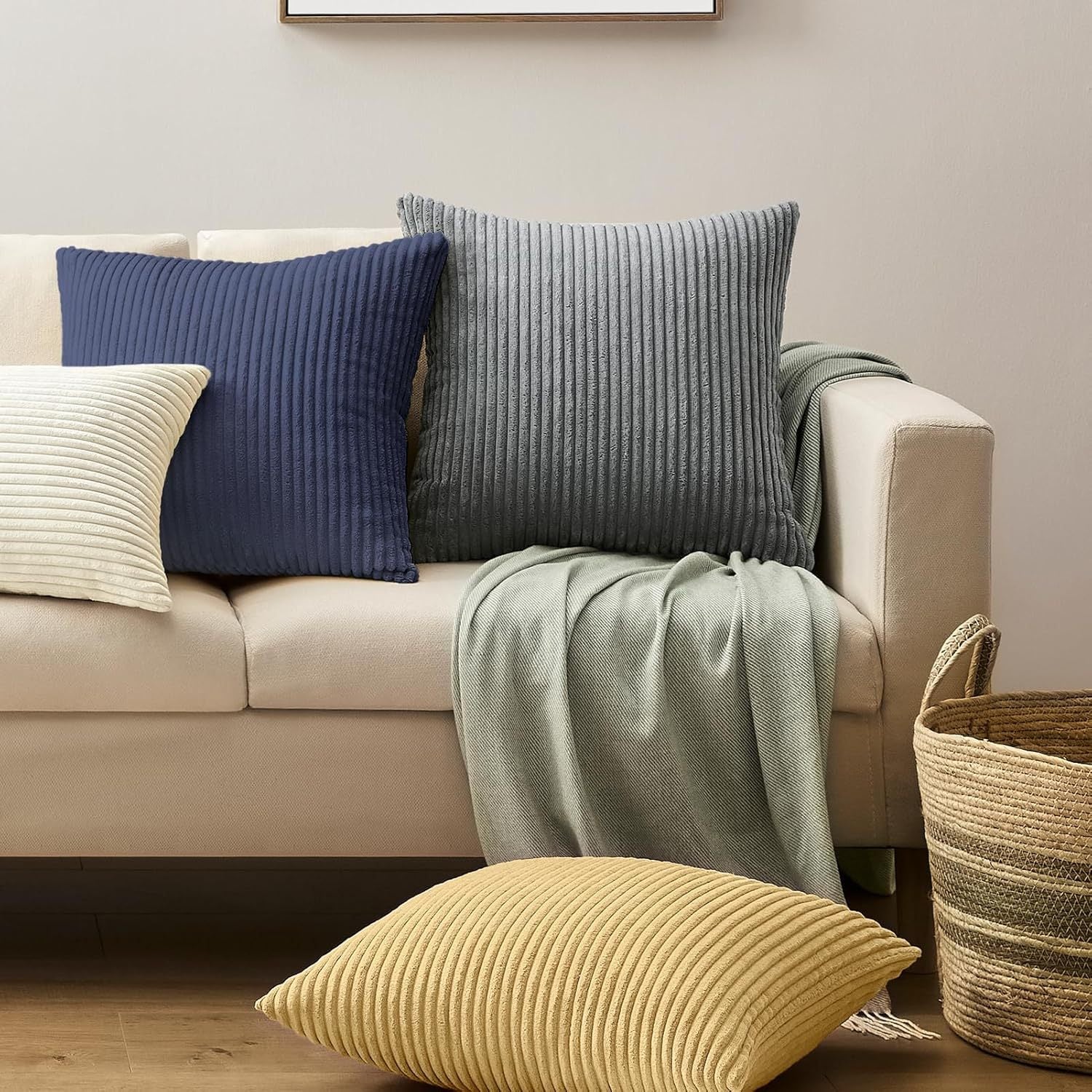 Beige Plush Striped Pillow Covers 45x45cm - Set of 4 Corduroy-Style Cushion Covers with Invisible Zipper, Soft and Washable for Sofa Decor 4