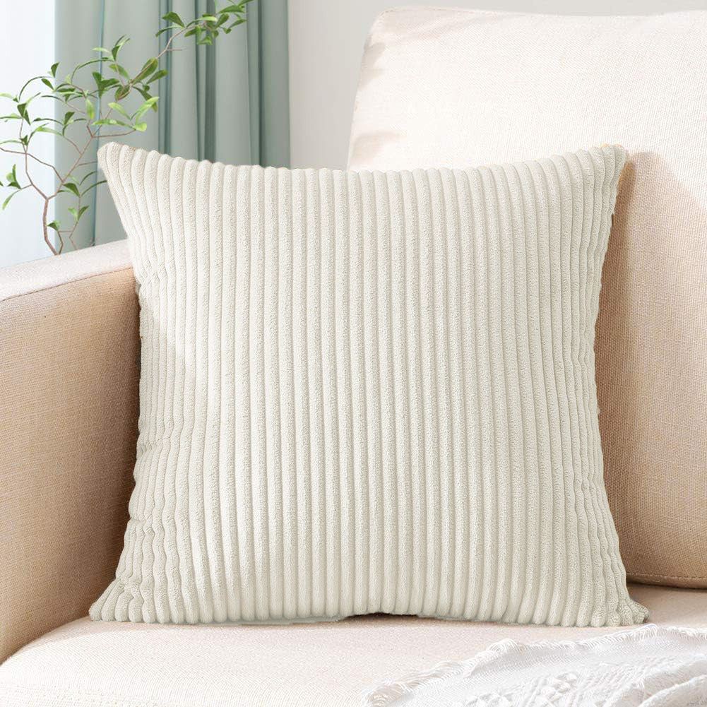 Light Beige Plush Striped Pillow Covers 45x45cm - Set of 4 Corduroy-Style Cushion Covers with Invisible Zipper, Soft and Washable for Sofa Decor