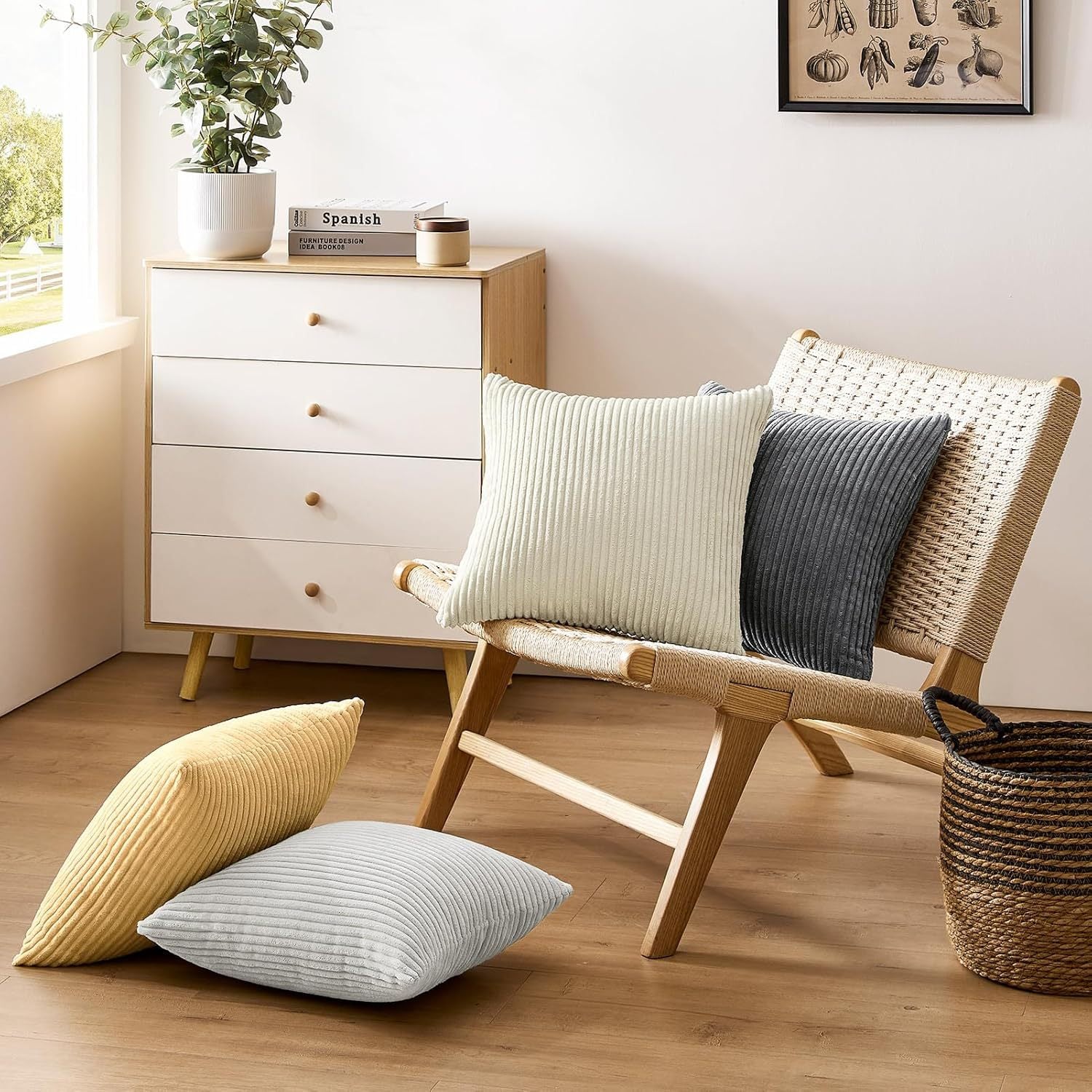 Light Beige Plush Striped Pillow Covers 45x45cm - Set of 4 Corduroy-Style Cushion Covers with Invisible Zipper, Soft and Washable for Sofa Decor