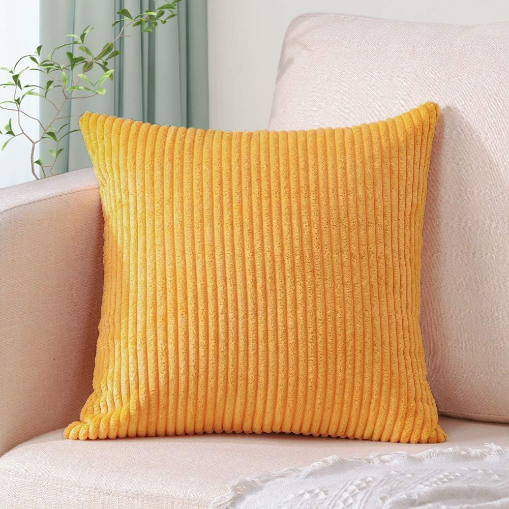 Yellow Plush Striped Pillow Covers 45x45cm - Set of 4 Corduroy-Style Cushion Covers with Invisible Zipper, Soft and Washable for Sofa Decor