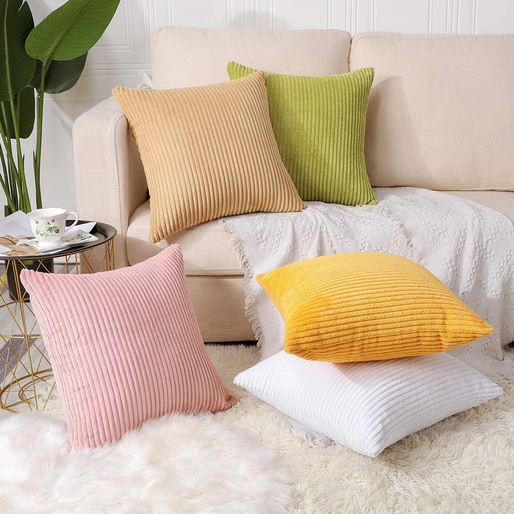 Green Plush Striped Pillow Covers 45x45cm - Set of 4 Corduroy-Style Cushion Covers with Invisible Zipper, Soft and Washable for Sofa Decor 3