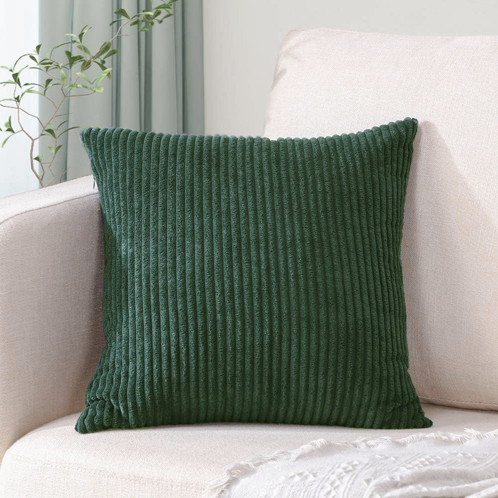 Dark Green Plush Striped Pillow Covers 45x45cm - Set of 4 Corduroy-Style Cushion Covers with Invisible Zipper, Soft and Washable for Sofa Decor