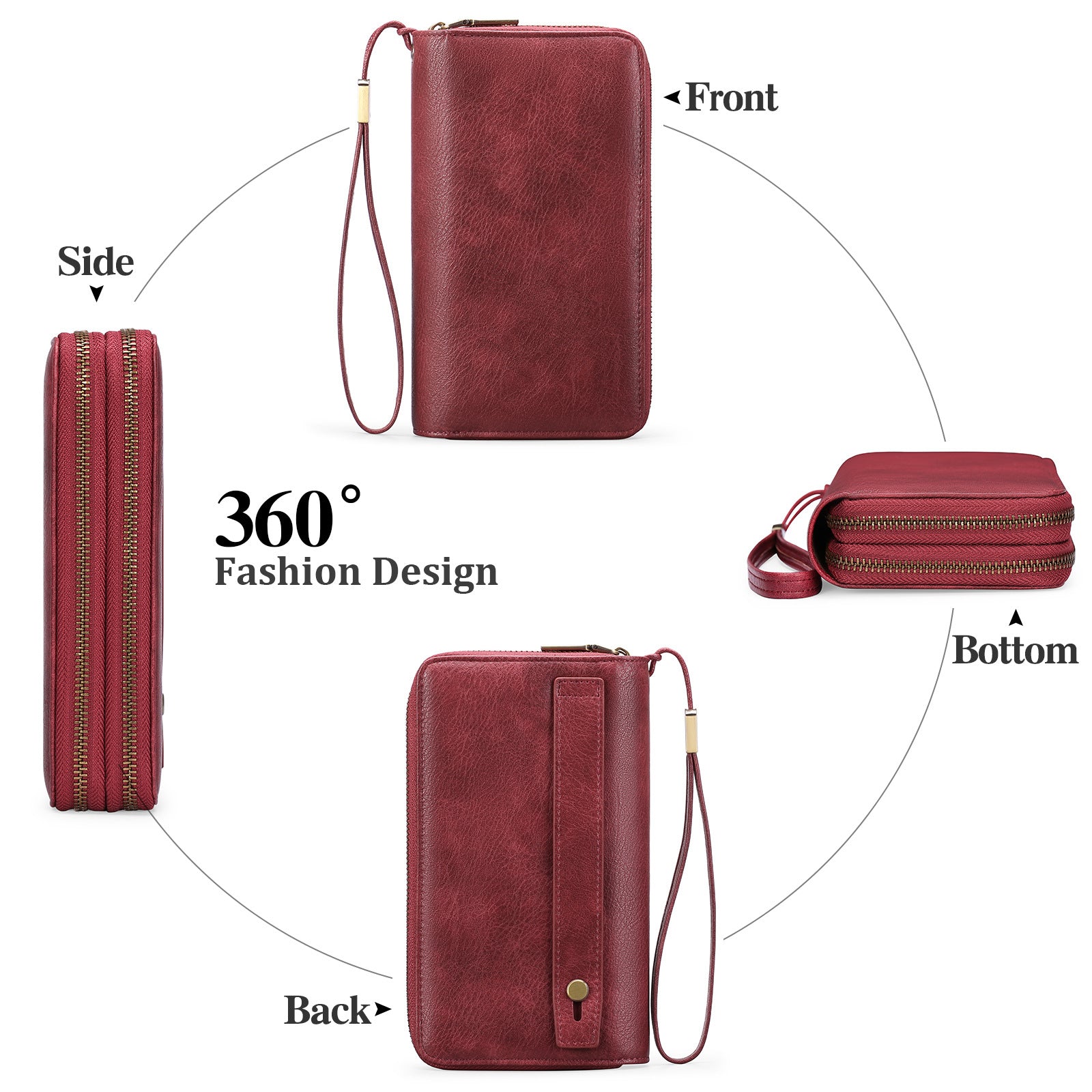Red Double Zipper Women's Wallet - Large Capacity Clutch Organizer with Wristlet Strap 4