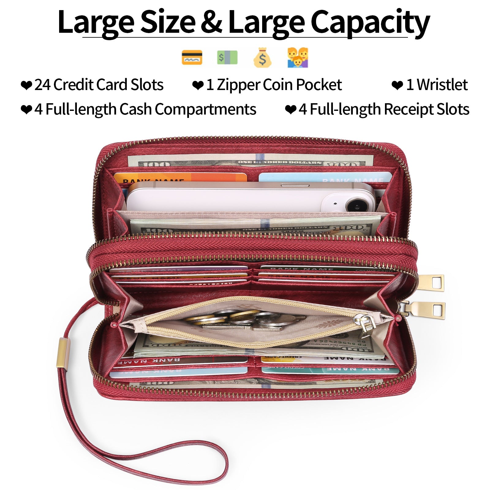 Black Double Zipper Women's Wallet - Large Capacity Clutch Organizer with Wristlet Strap 5