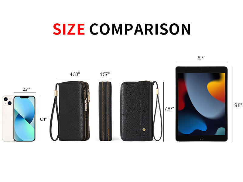 Black Double Zipper Women's Wallet - Large Capacity Clutch Organizer with Wristlet Strap 12