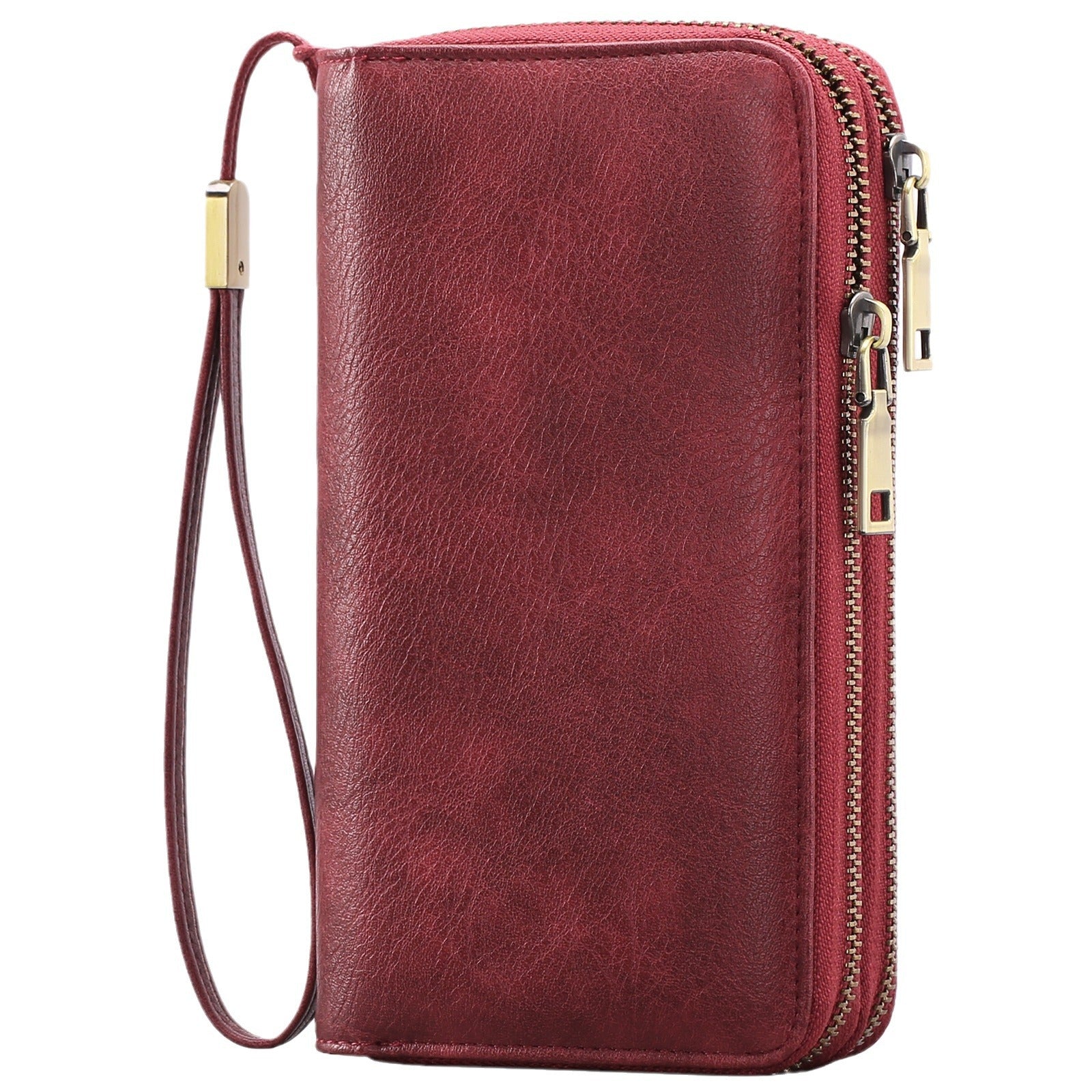 Brown Double Zipper Women's Wallet - Large Capacity Clutch Organizer with Wristlet Strap 7