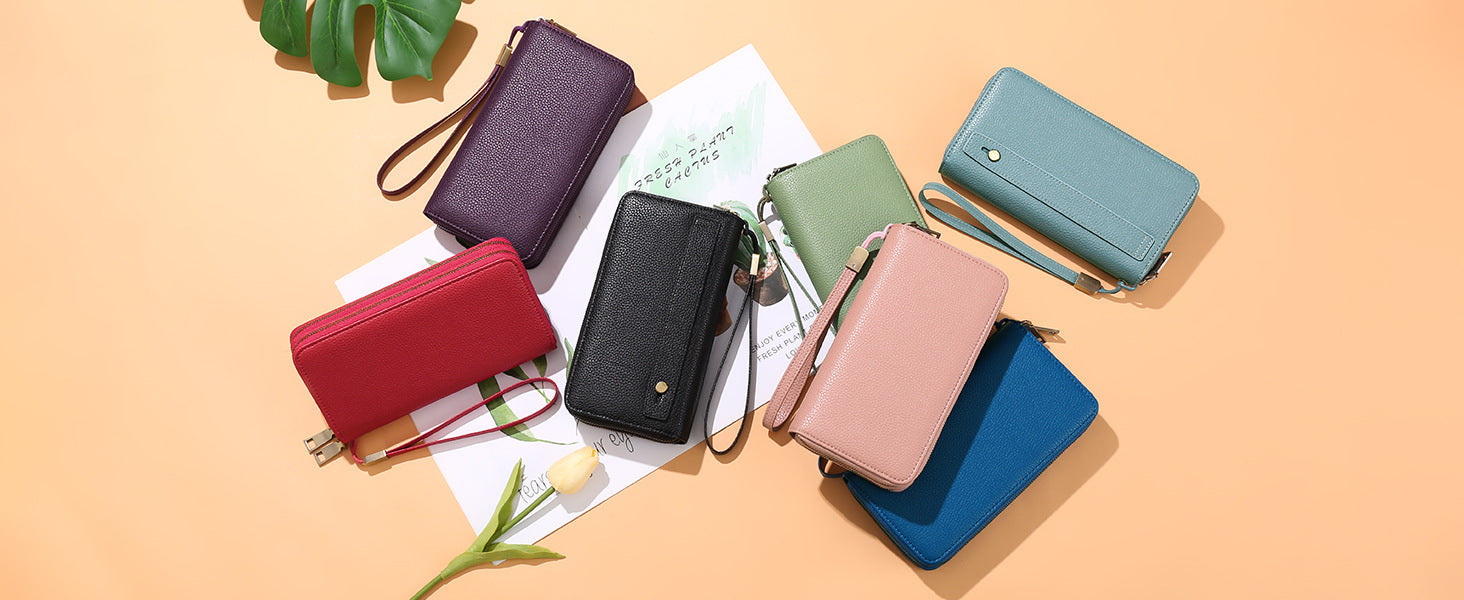 Brown Double Zipper Women's Wallet - Large Capacity Clutch Organizer with Wristlet Strap 9