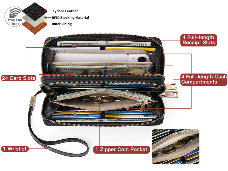 Brown Double Zipper Women's Wallet - Large Capacity Clutch Organizer with Wristlet Strap 11