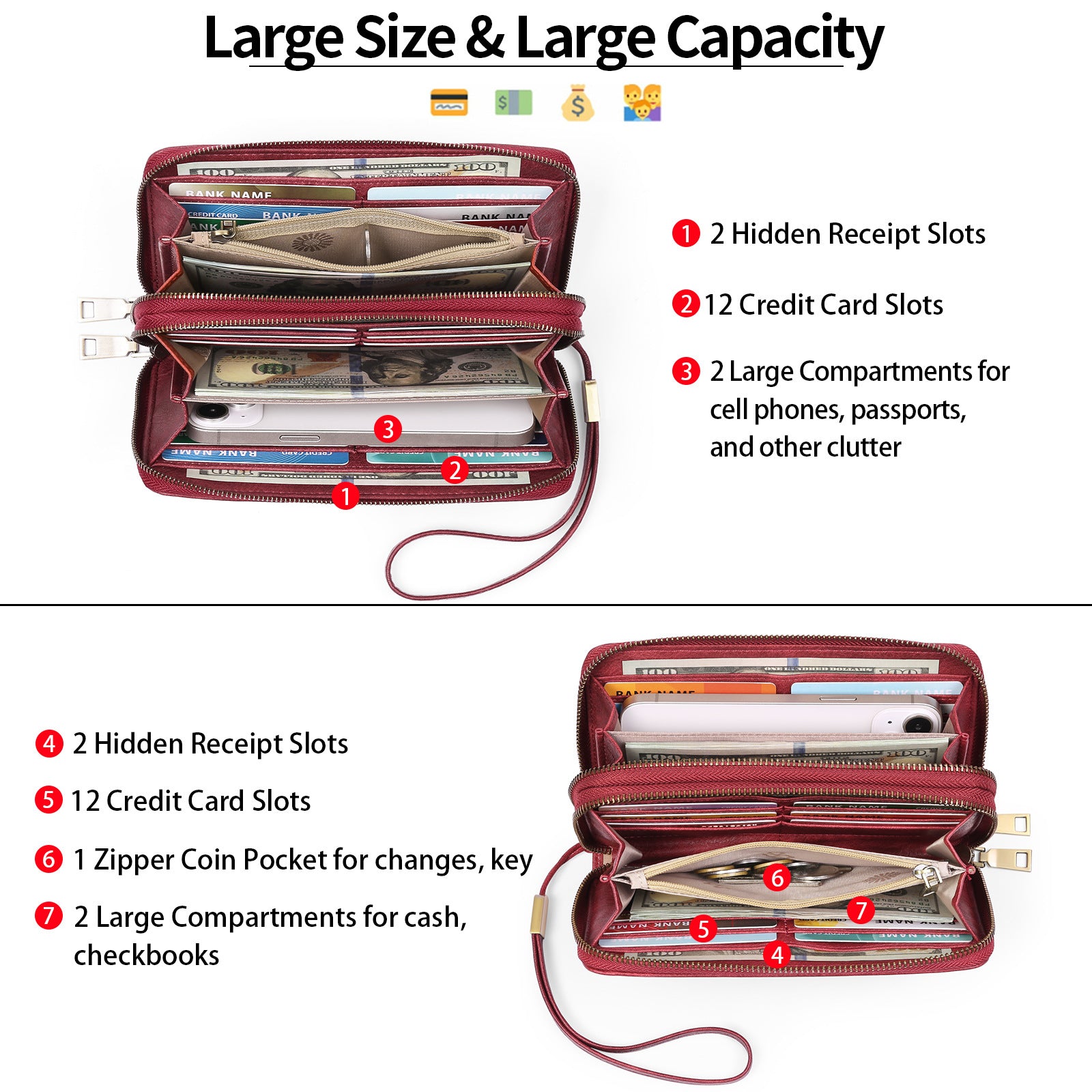 Red Double Zipper Women's Wallet - Large Capacity Clutch Organizer with Wristlet Strap 6