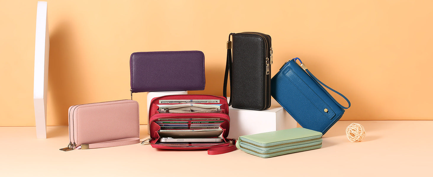 Purple Double Zipper Women's Wallet - Large Capacity Clutch Organizer with Wristlet Strap 9