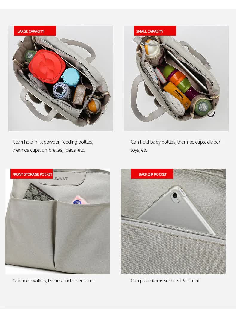 Size Small Grey Stylish Multi-Function Diaper Bag - Insulated Tote with Shoulder Strap for Baby Essentials 8