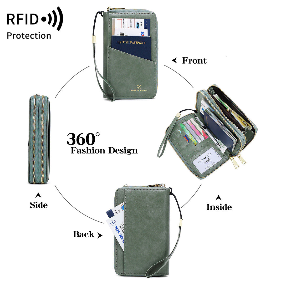 Black RFID Blocking Passport Wallet - Multi-Function Travel Organizer with Double Zipper and Crossbody Strap 3
