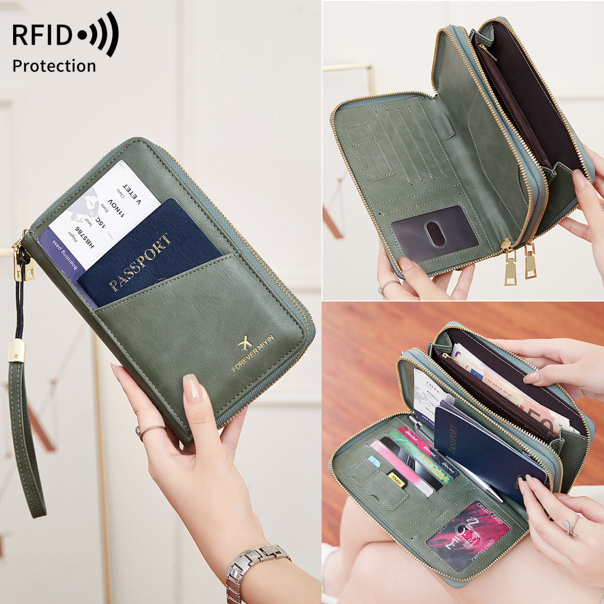Black RFID Blocking Passport Wallet - Multi-Function Travel Organizer with Double Zipper and Crossbody Strap 4